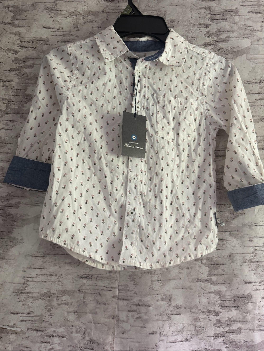 Ben Sherman NWT White Button-Down Shirt with Navy Trim and Tiny Print